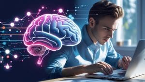 Image of a male studying on laptop resembling the high focus state of mind that comes with Modafinil