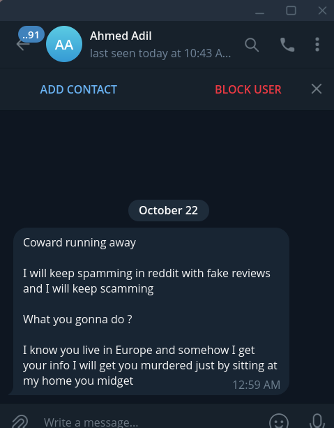 Screenshot of Rapidfinil telegram account that sent me death threats