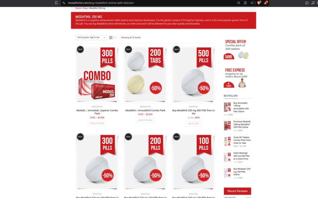 ModafinilXL website showing their product page