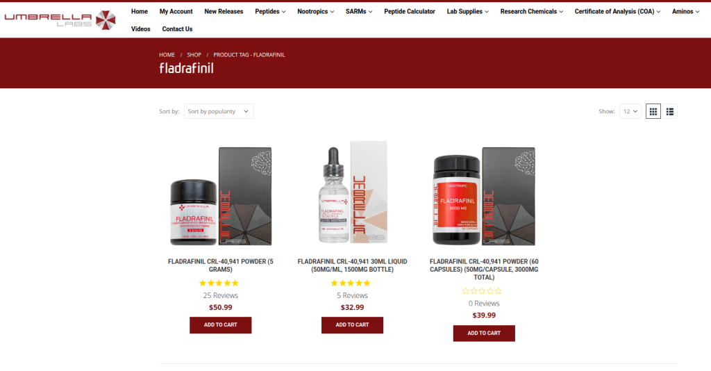 Screenshot of Umbrella Labs page showing Modafinil Alternatives products, like Adrafinil, Fladrafinil, and Flmodafinil