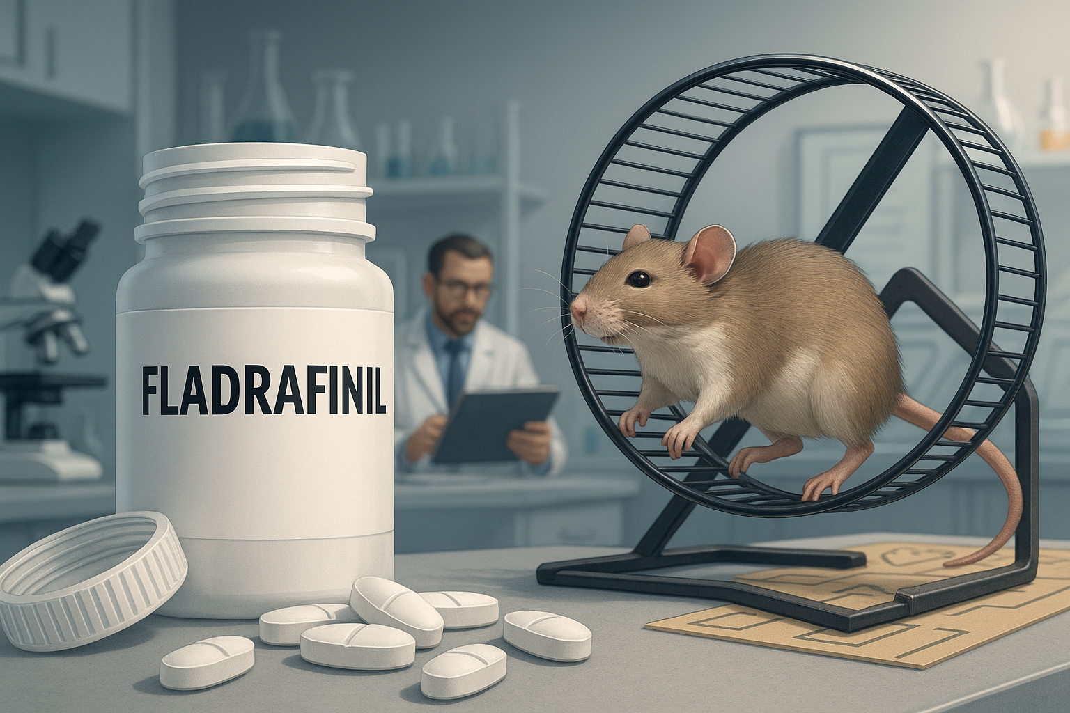 Scientist studying the effects of Fladrafinil on a hamster