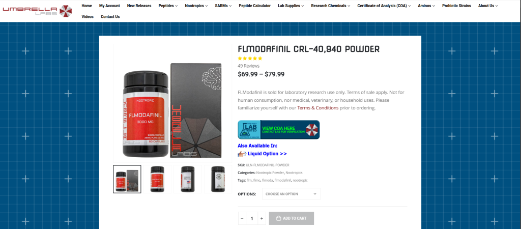 This image is a screenshot of Umbrella Labs, which is a nootropic vendor. The image depicts the section where to buy flmodafinil online.