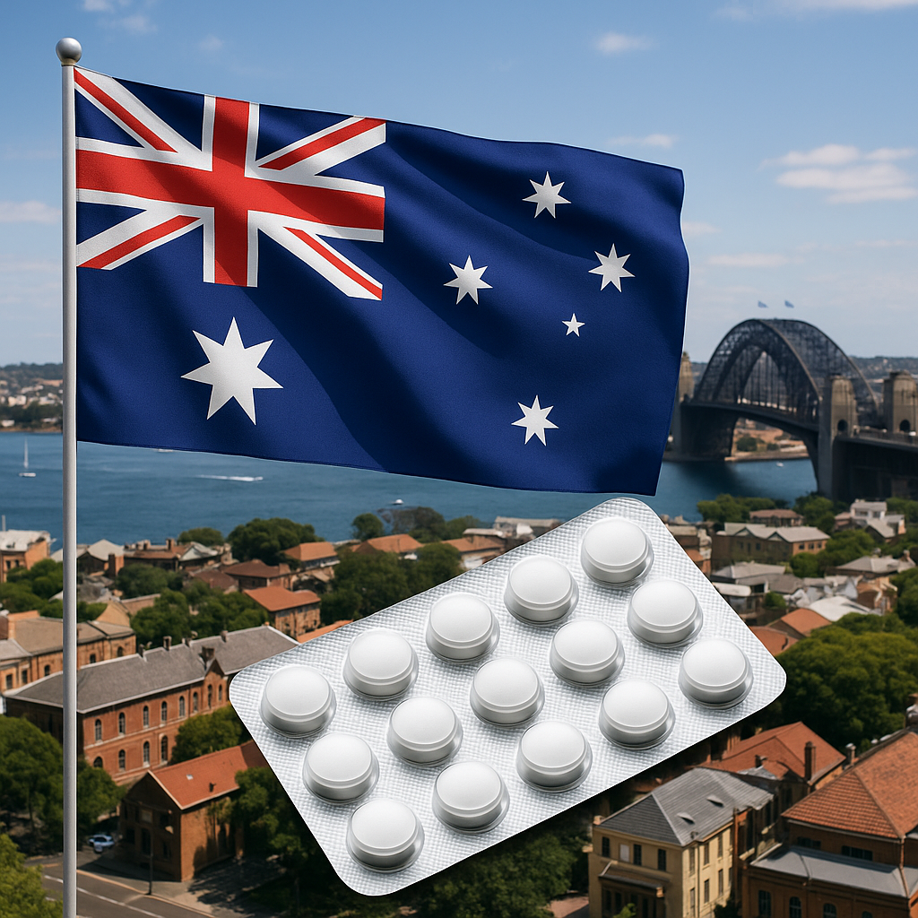 Australian flag and Modafinil tablets - depicting how to buy modafinil online in Australia