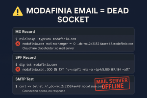 Modafinia email server terminal command output reflecting a dead socket