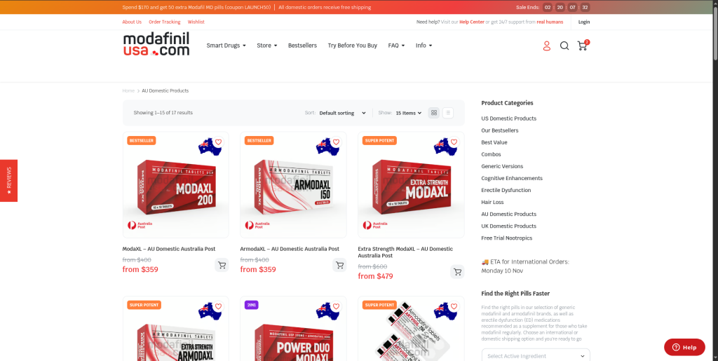 ModafinilUSA product page for AU to AU shipping