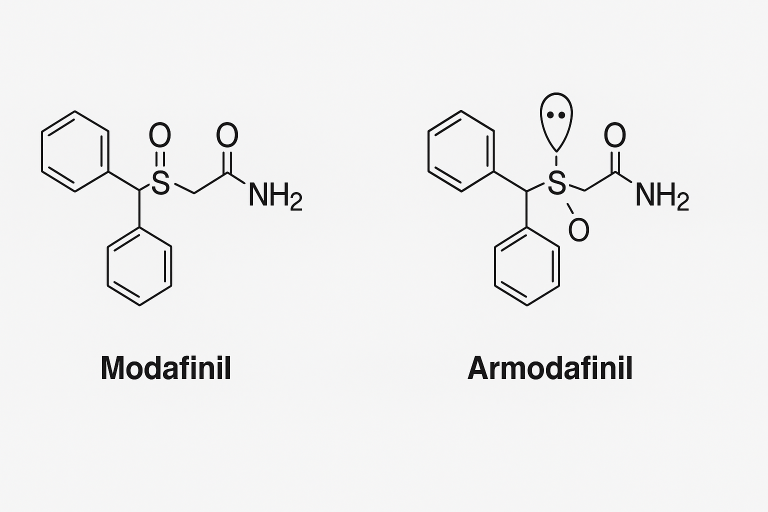 Structural differences comparing Armodafinil vs Modafinil outlining the s and r enantiomers