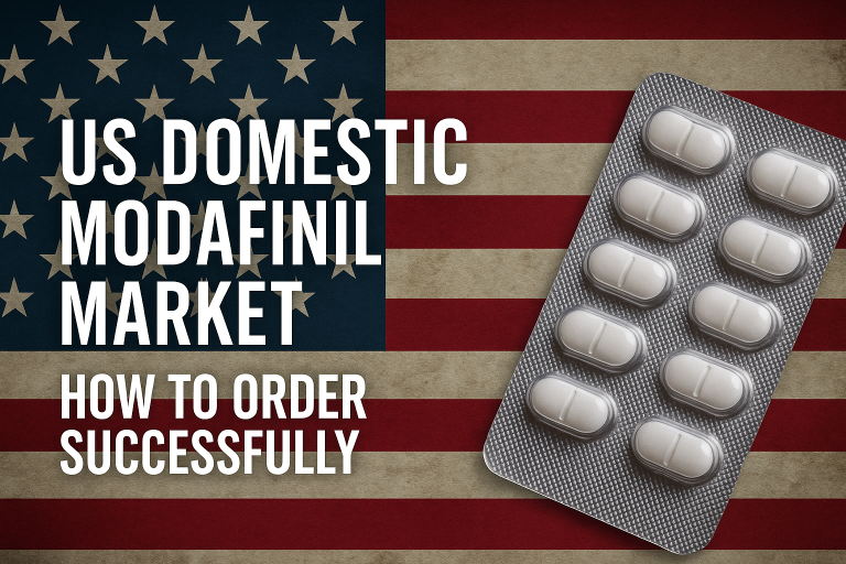US Domestic Modafinil tablets next to an American flag