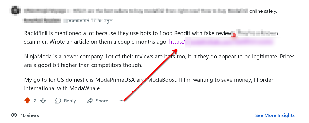 Screenshot example on how to use Reddit to index your URL