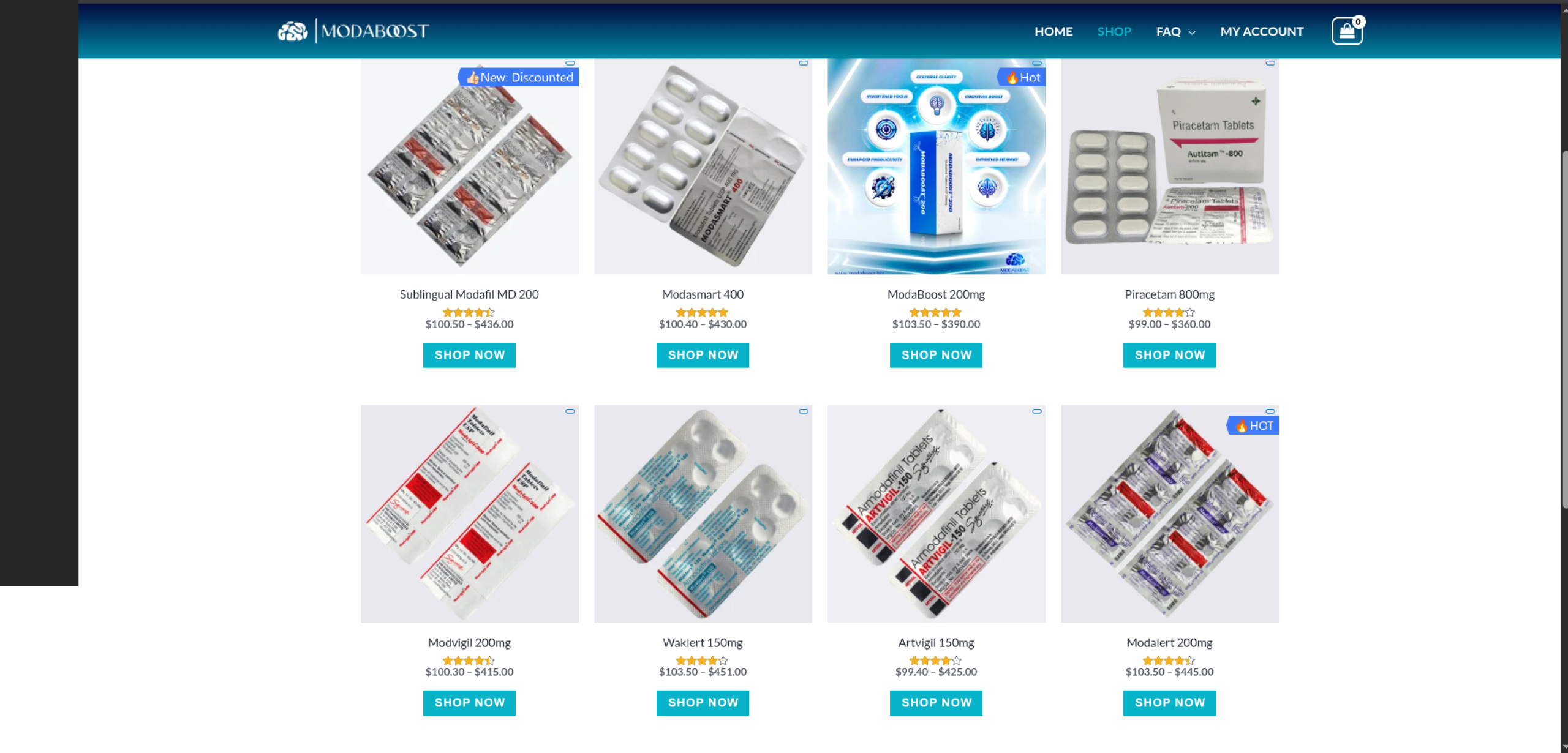 Screenshot of Modaboost website showing all modafinil related products on their product page.