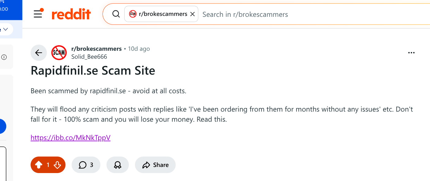 Screenshot of Rapidfinil Reddit post from user who was scammed