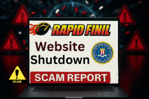 Laptop screen showing Rapidfinil website and Rapidfinil scam reports.