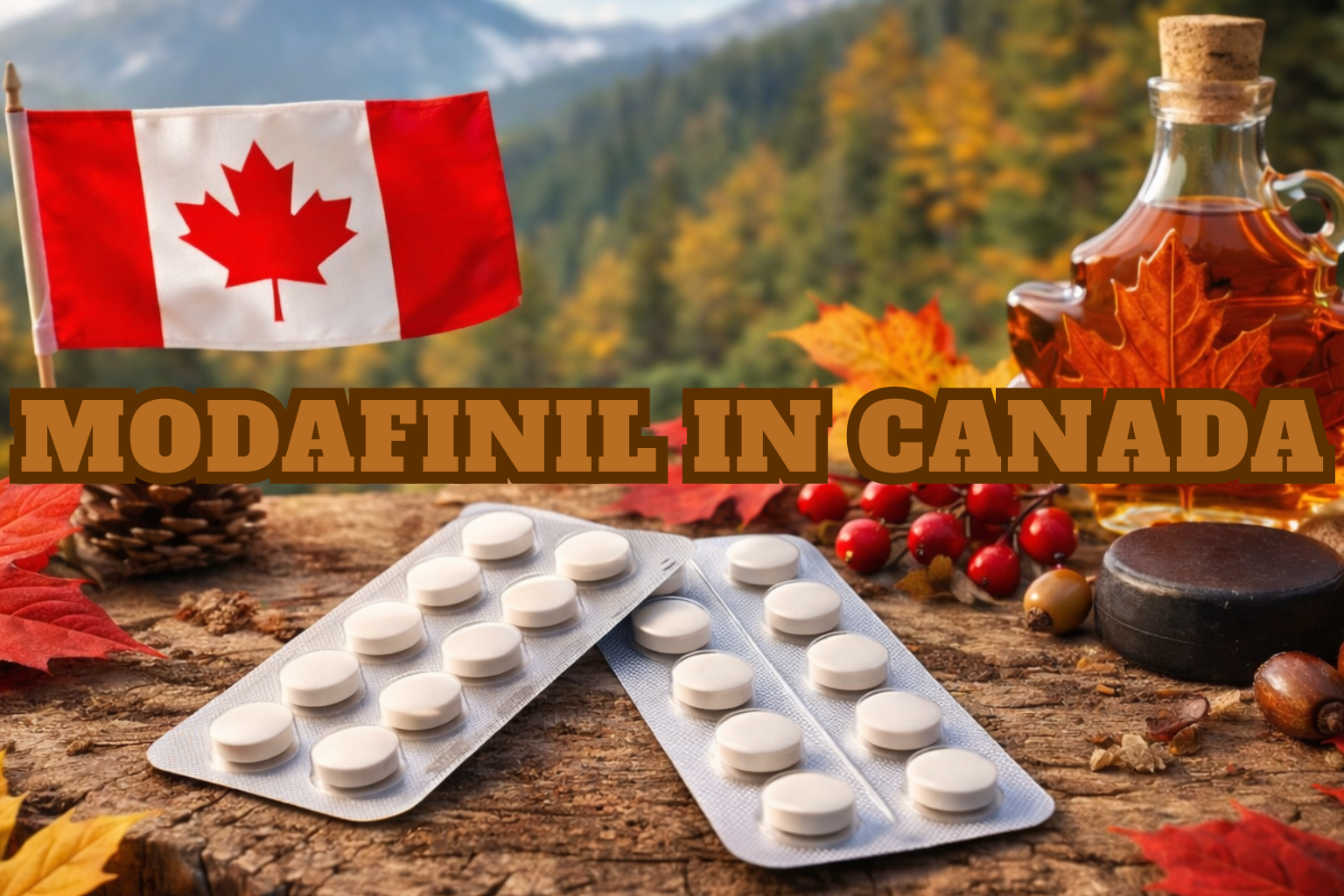 Canadian background with Modafinil overlay depicting "How to buy Modafinil online in Canada."