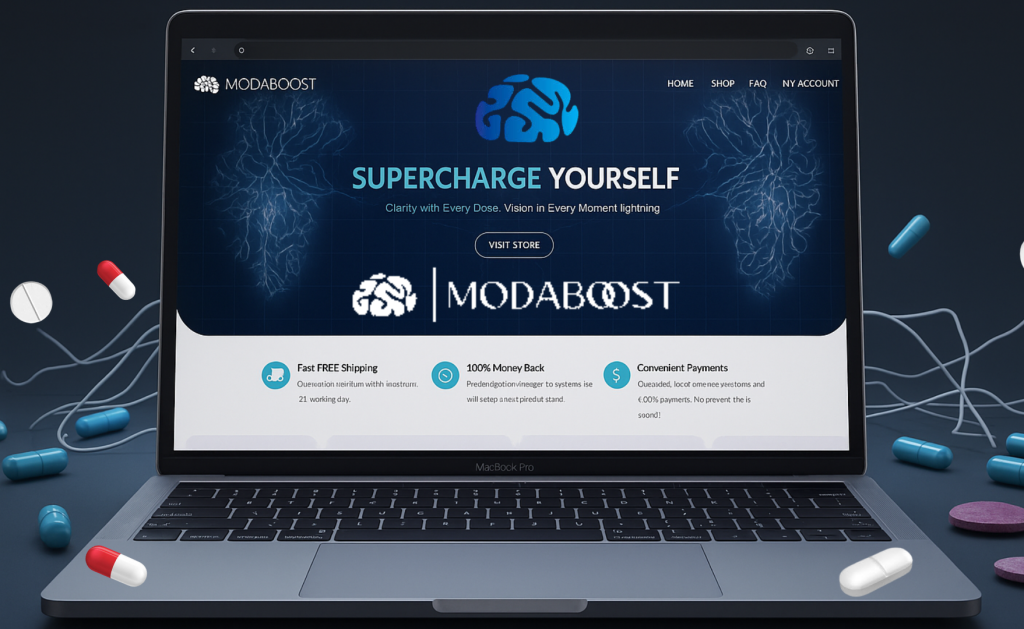 "Is ModaBoost legit" article feature image showing laptop with ModaBoost home page on screen and neural network background.