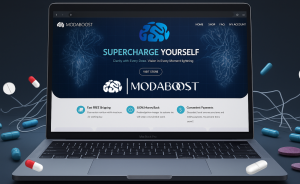 "Is ModaBoost legit" article feature image showing laptop with ModaBoost home page on screen and neural network background.