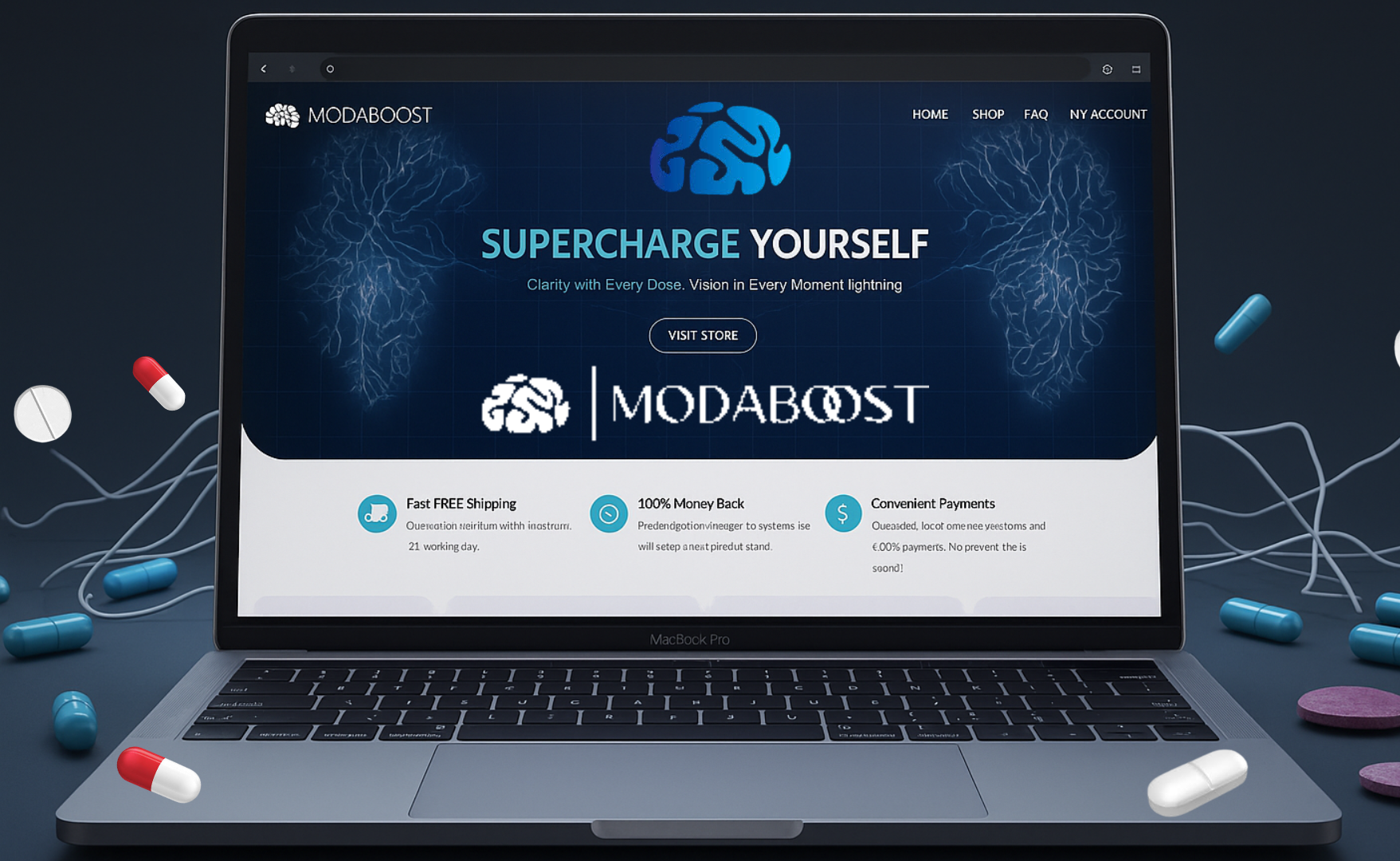 "Is ModaBoost legit" article feature image showing laptop with ModaBoost home page on screen and neural network background.