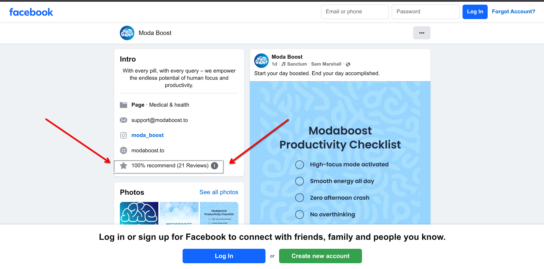 Screenshot of ModaBoost facebook page showing their 21 reviews at a 100% recommendation rate.