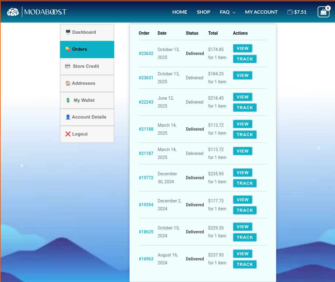 Screenshot showing all of my ModaBoost orders going back over a year.