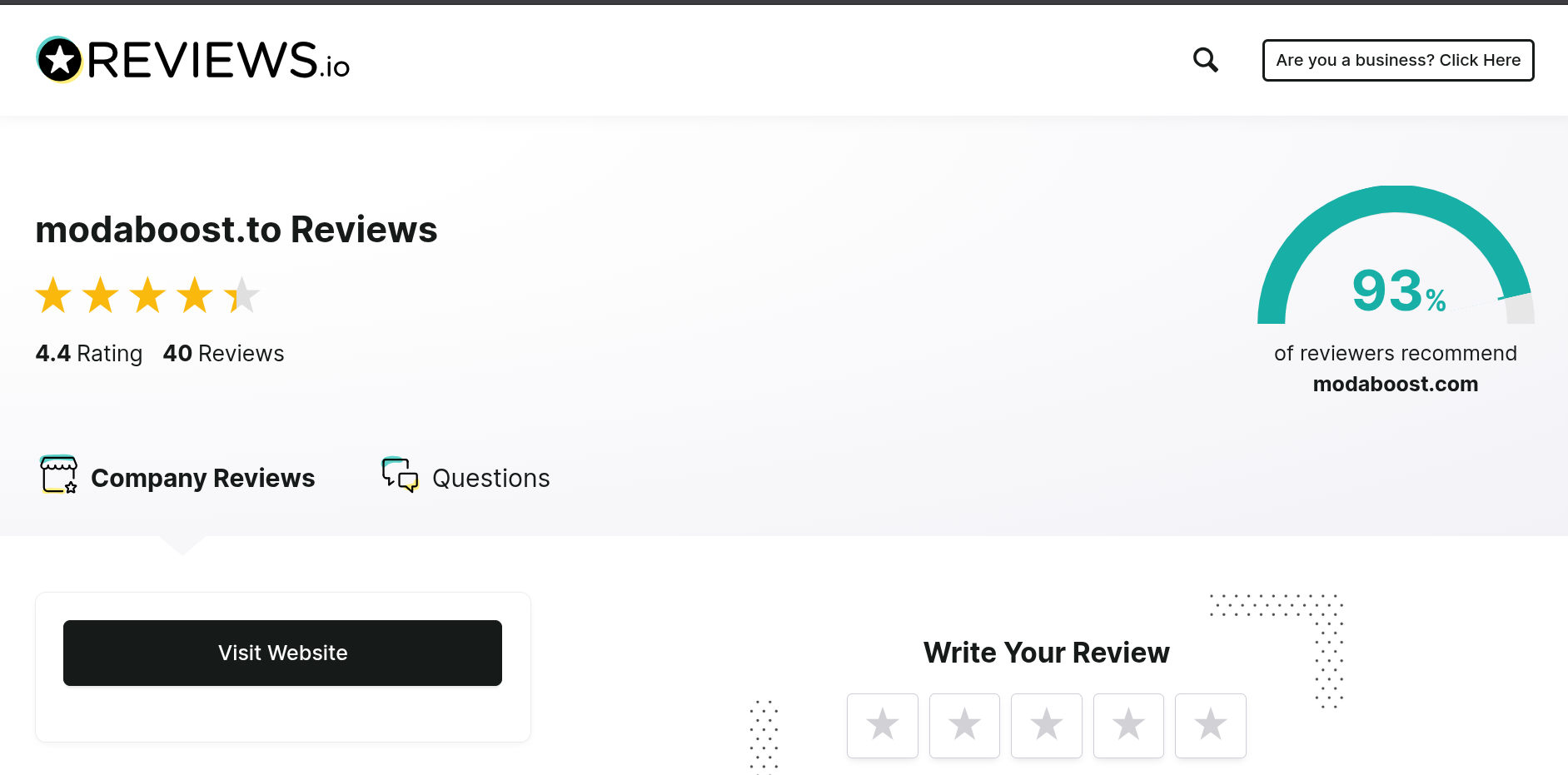 Screenshot of ModaBoost Reviews dot io page showing their 4.4 star rating out of 40 reviews.