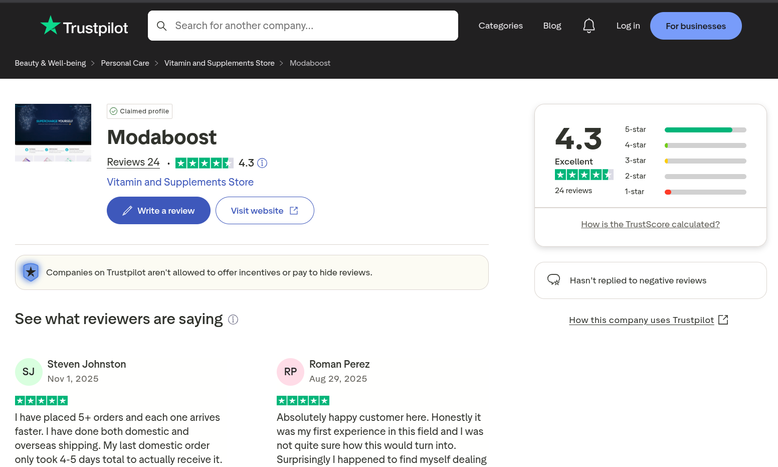 Screenshot of ModaBoost reviews from their TrustPilot page showing their 4.3 out of 5 star rating.