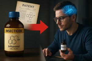 Bottle containing Hydrafinil next to hydrafinil's patent and a researcher