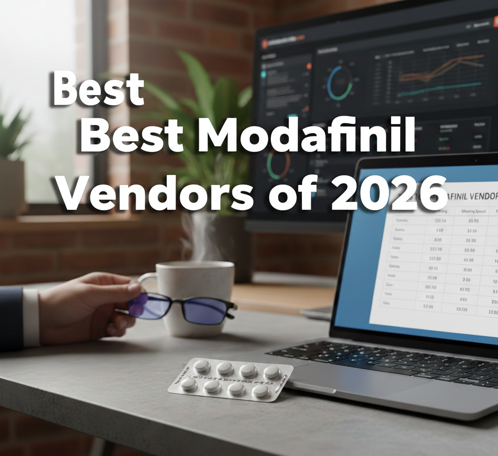 A professional office desk featuring a laptop displaying a vendor leaderboard, a blister pack of Modafinil tablets, and a cup of coffee. Text overlay reads: "Best Modafinil Vendors of 2026