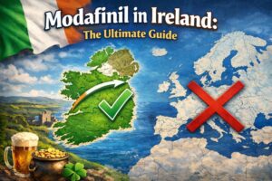 Depiction of how to buy modafinil in Ireland, showing map of Ireland and Europe.